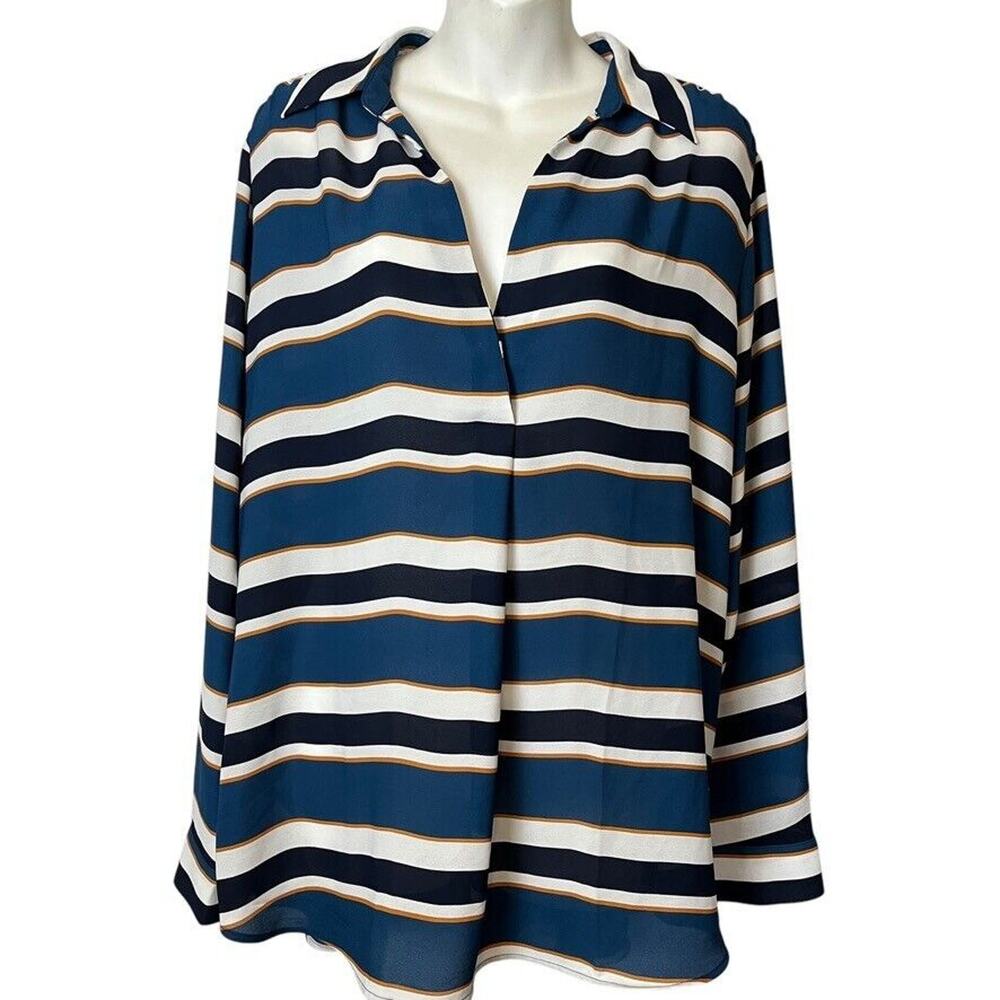 Ann Taylor Factory Womens Striped Long Sleeve V-Neck Career Blouse Top Shirt XL